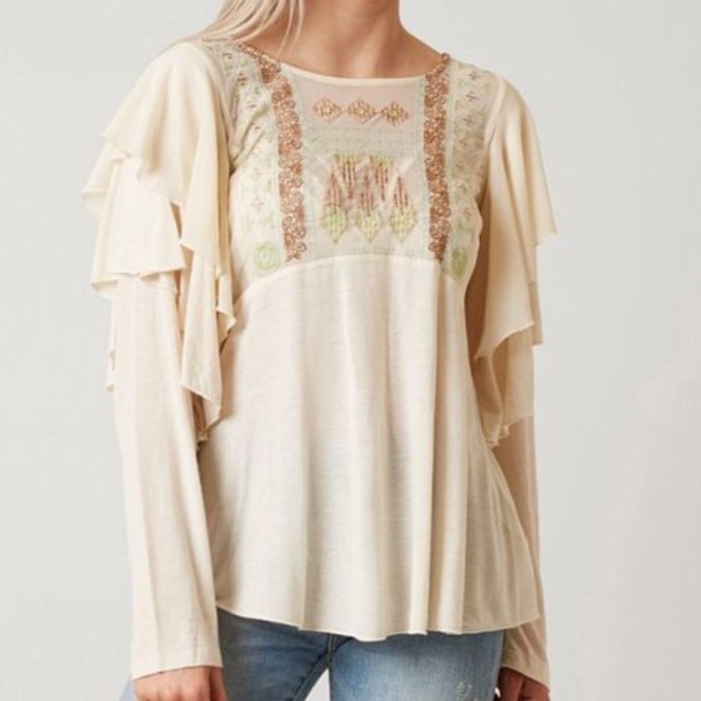 Free People Embroidered Flutter Sleeve Boho Top